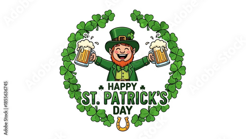 A cheerful leprechaun wearing a green hat and jacket, holding two frothy mugs of beer, surrounded by a wreath of shamrocks and a horseshoe.