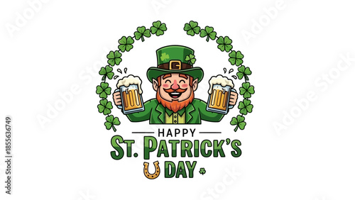 A festive illustration for St. Patrick's Day, featuring a leprechaun holding beer mugs.