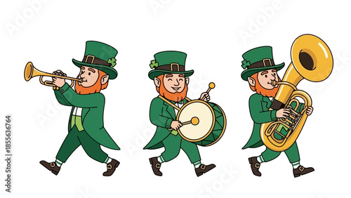 Three leprechauns in green outfits marching and playing musical instruments in a parade.