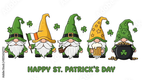 A festive St. Patrick's Day illustration featuring five charming gnomes, one holding an Irish flag, another with a pipe, and one with a pint of beer, surrounded by shamrocks and a pot of gold.