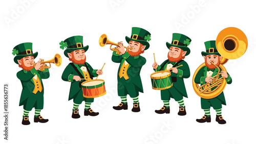 A group of five leprechauns in green outfits playing various musical instruments, including trumpets, drums, and a tuba.