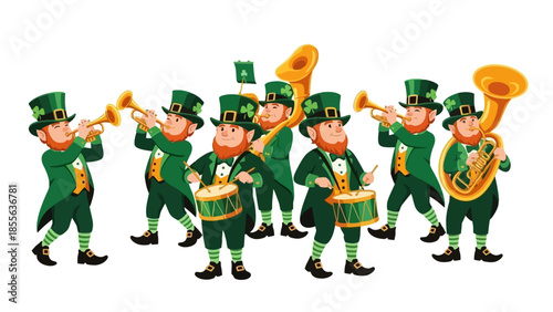 A group of leprechauns in green outfits playing various brass instruments in a marching band formation.