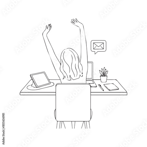 Line drawing of a woman stretching her arms at a desk with a laptop and email icon. Minimalist vector illustration of a female employee taking a break from office work.
