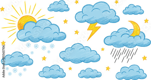 Hand Drawn Weather Doodle Icons Set With Clouds Sun Moon Rain Snow Lightning Cute Sketch Style
