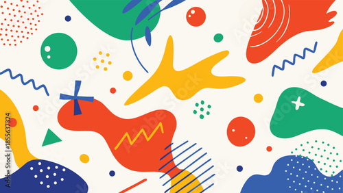 Vibrant abstract design with various shapes and the phrase Happy Abstract integrated into the composition..eps