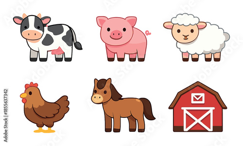 Cute cartoon farm animals with barn - cow, pig, sheep, chicken, horse