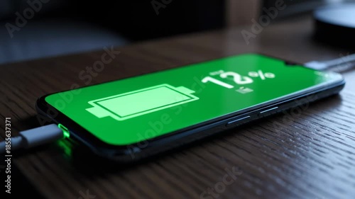 Charging smartphone at seventy five percent battery level on wooden table in low light conditions during evening time