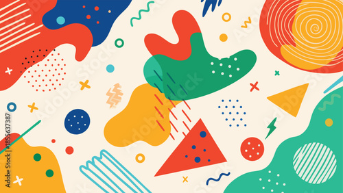 Abstract background featuring colorful shapes with the text Happy Abstract prominently displayed..eps