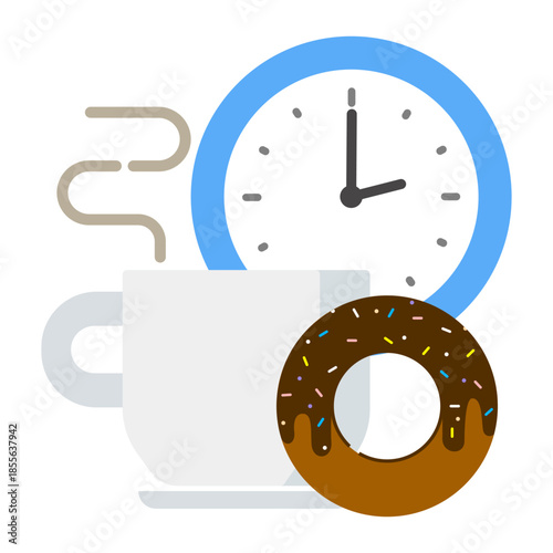 Break time icon with a cup of coffee or tea, snack and clock.