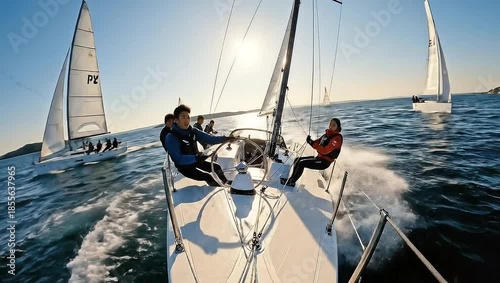 Two people sailing on a sunny day with other sailboats in the background.
