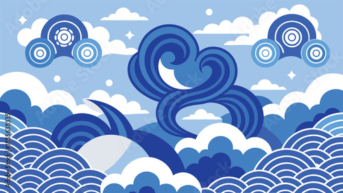 Soft blue clouds float on a bright white background, evoking a calm and peaceful scene..eps