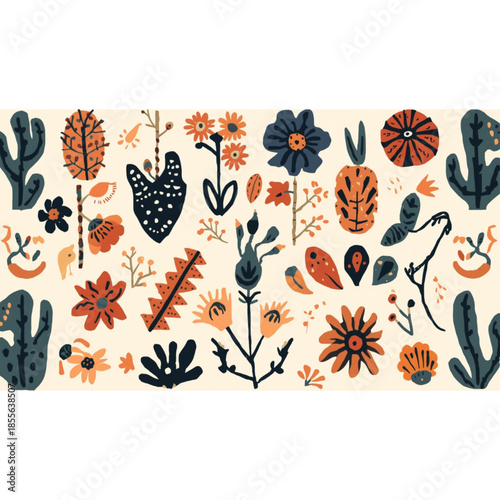 Vibrant desert botanical pattern with flowers and cacti