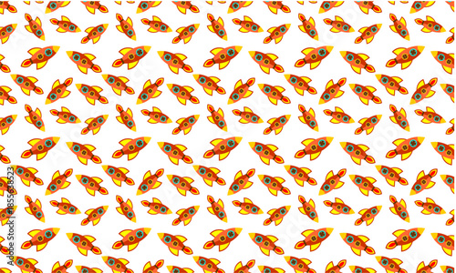 Colorful rocket seamless pattern on white background. Cute space rocket pattern design. Playful rocket seamless background. Fun cartoon rockets pattern. Kids space theme seamless vector pattern.