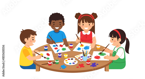 Children happily painting together at a round table, fostering creativity and learning in a fun art class activity