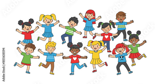 Joyful group of diverse young children jumping and celebrating together, illustrating happiness, energy, and childhood play in a vibrant community