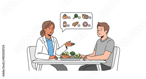 Nutritionist consulting with a patient about healthy eating, providing dietary advice for a balanced diet and well-being
