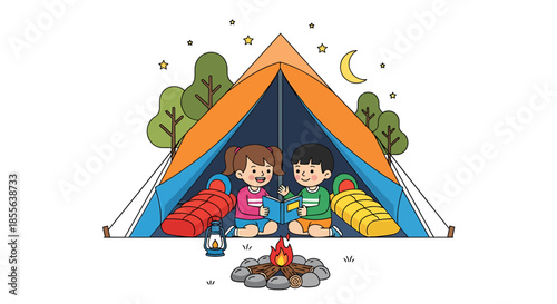 Children camping in a tent with sleeping bags and a campfire