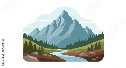 Majestic mountain range with a winding river flowing through a lush green valley, surrounded by pine trees and rolling hills under a clear sky
