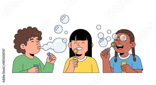 Happy diverse children blowing bubbles outdoors during playtime, celebrating childhood joy and carefree moments