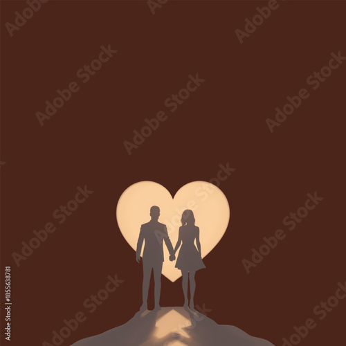 Couple holding hands in love with heart silhouette background