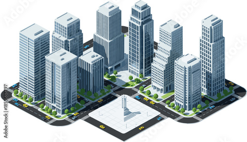 Isometric modern city block with tall office buildings, streets, cars, trees, and central public square on white background