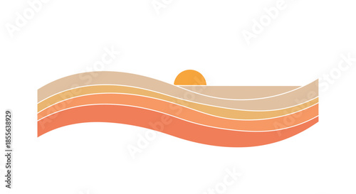 Minimalist abstract wavy landscape with a setting sun, representing nature's serene beauty in warm, earthy tones