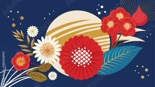 Japanese floral pattern on a white background, featuring delicate blossoms and leaves in soft colors..eps