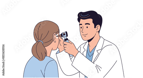 Doctor performing an otoscopic examination on a female patient's ear, highlighting ear health, hearing check-up, and diagnostic procedures in a medical consultation setting