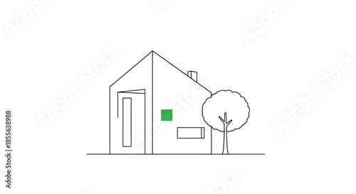 Simple Line Art of a House with a Green Square Window and a Tree