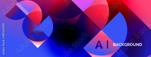 Abstract vibrant shapes overlap. Blue, pink, purple hues blend creating dynamic visual effect. Modern design element.