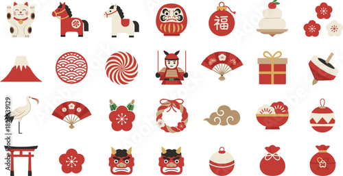 Japanese New Year and traditional culture icon set with red festive symbols, ornaments, and seasonal elements