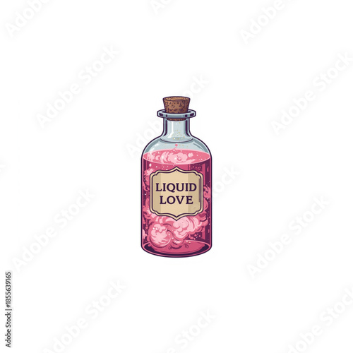Vintage glass bottle of pink liquid love potion with cork stopper