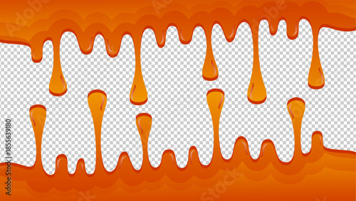 Caramel drip illustration. Wavy caramel dripping on transparent background. Melted caramel texture. Caramel drips border.