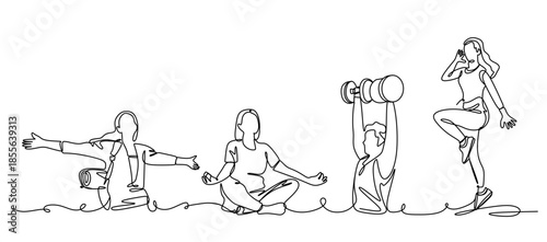 Single line drawing of a woman doing exercise Continuous line drawing,fitness, pilates, athletics, strength, athletic, asana, athlete, woman, man, gym, stretching, sexy body workout.