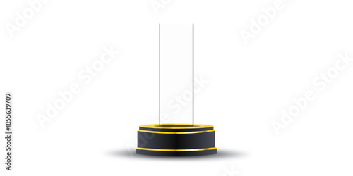 Empty glass award trophy stand on black gold pedestal isolated for mockup design, corporate branding, and presentation display