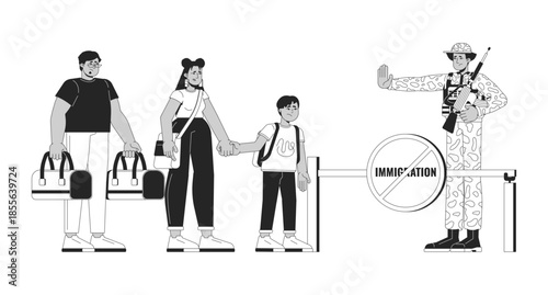 Anti-immigration outline illustration. Border crossing control. Refugee crisis. Latino migrant family denied immigration entry 2D line characters isolated on white. Monochrome vector ink linear image