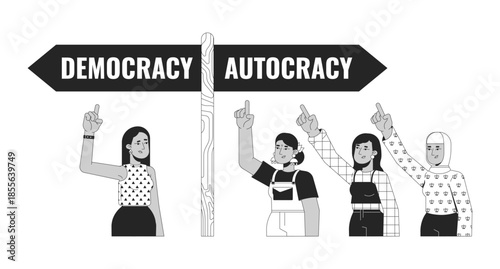 Failing democracy and rising autocracy line illustration concept. Democratic backsliding. Diverse civic women voting at crossroad outline 2D characters isolated. Ink linear metaphor vector art