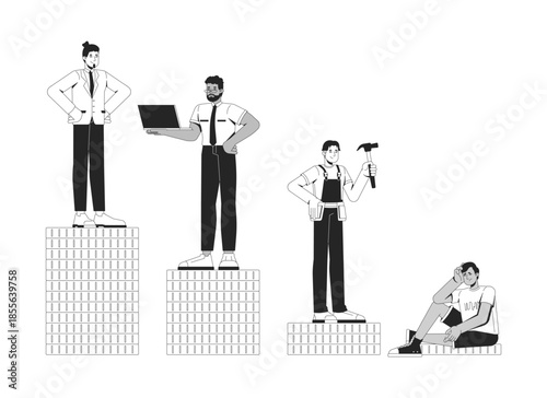 Economic inequality line illustration concept. Social stratification. Socioeconomic class. Diverse people on different income levels outline 2D characters isolated. Ink linear metaphor vector art