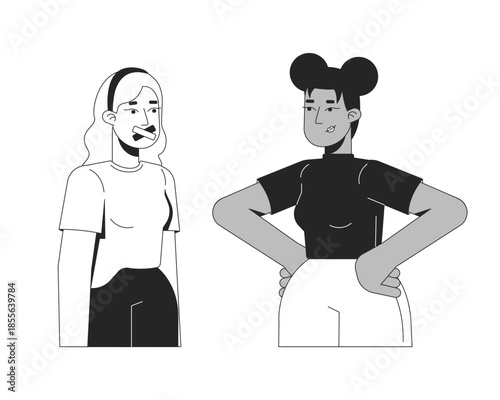 Silence censorship line illustration concept. No freedom of speech. Silencing voice. Human rights abuse. Authoritarian control. Women outline 2D characters isolated. Ink linear metaphor vector art