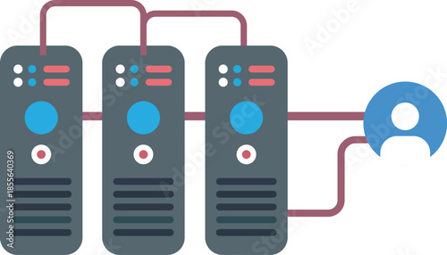 Three gray computer servers connected by red cables with a blue cloud symbol 