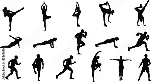 Athletic and dance silhouette vector illustration, diverse movement poses, black figure art, physical activity concept, fitness lifestyle design, expressive motion