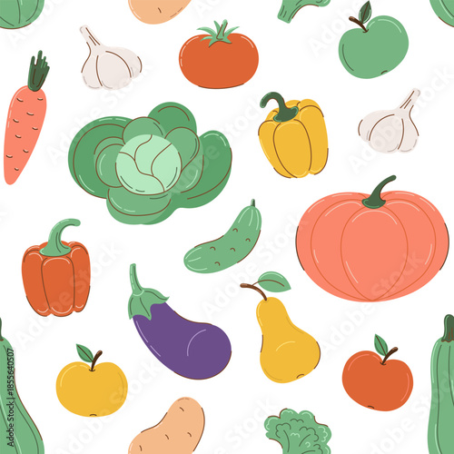 Seamless pattern with autumn vegetables in flat style with partial outline. On white background. Autumn and harvest concept. Vector illustration.