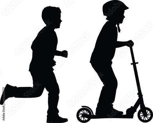 Children activity silhouette vector illustration, running and scooter riding pose, outdoor play concept, black figure art, physical movement, safety awareness design