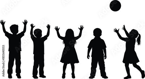 Children playing silhouette vector, dynamic movement illustration, joyful activity pose, black figure art, outdoor fun concept, energetic youth interaction design