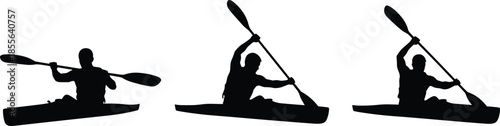 Kayaking canoeist silhouette sequence, paddling action poses, water sport athlete motion, outdoor adventure activity, isolated black human movement illustration design