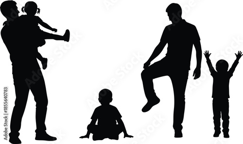 Family silhouette vector illustration, playful bonding moments, parent and child interaction, black figure art, emotional connection, lifestyle concept, dynamic pose design