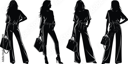 Fashion silhouette vector illustration, stylish women with handbags, modern outfit poses, black figure art, trendy accessories, elegant posture, lifestyle concept