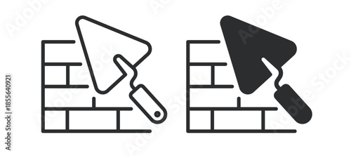 Bricklaying tools icon illustrating trowel and brick wall for masonry, construction and renovation tasks. Line and solid vector icon collection.