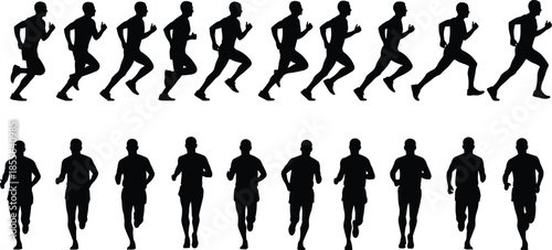 Running man silhouette sequence, jogging animation frames, athlete motion poses, fitness training concept, sport action cycle illustration set