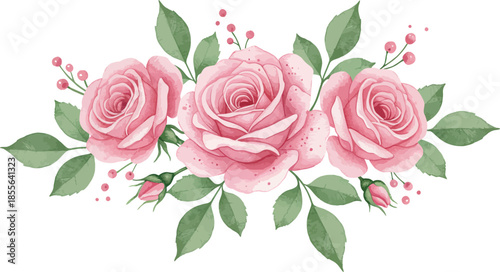 Three pink roses with green leaves and floral accents bouquet